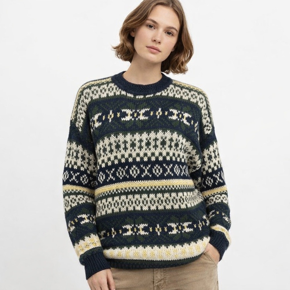 New Vintage Ivy Women's Sweater Crew Fair Isle Knitted Ski Nordic Large